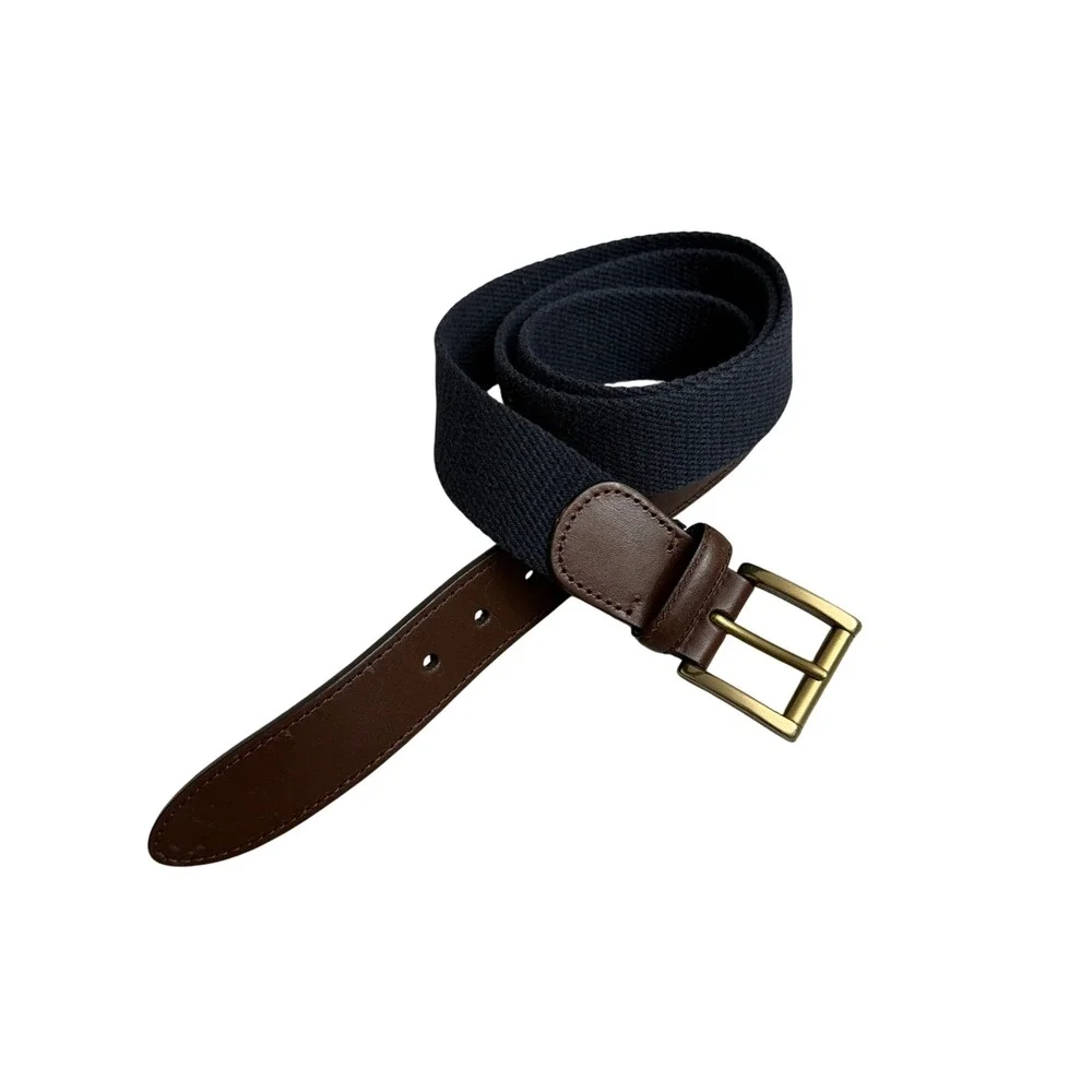 Brooks Brothers Belt Mens 34 Navy Blue Leather Trim Canvas Brass Buckle Italy